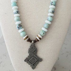 Aqua Agate Beaded 20" Necklace with Silver Cross Pendant